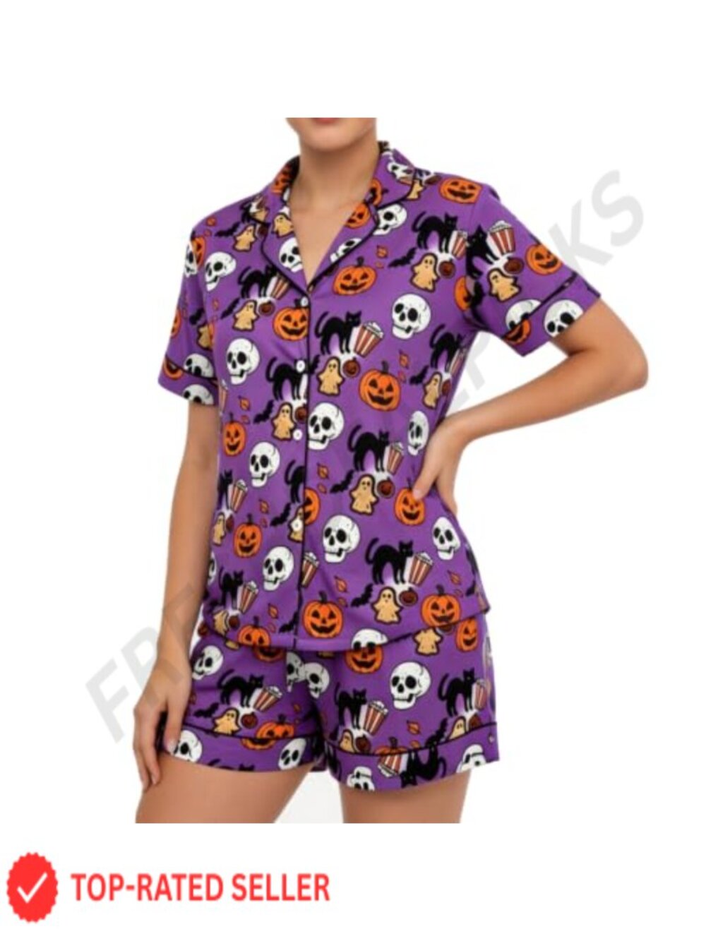 Women Halloween Pajama Set Short Sleeve Shorts Ghost Pumpkin